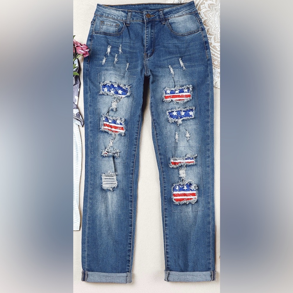 US Flag Patchwork Distressed Jeans Size Medium
